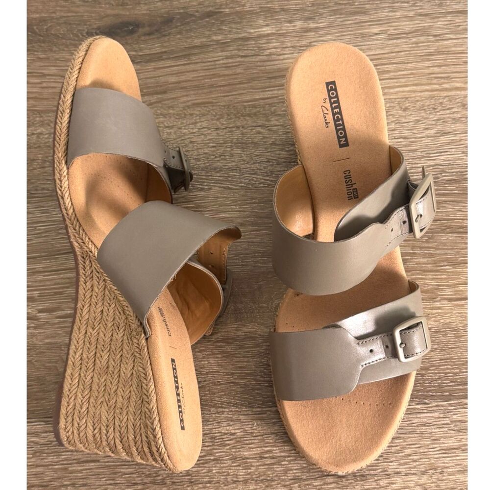 Clarks Collection Taupe Espadrille Wedge Sandals Double Buckle 10M